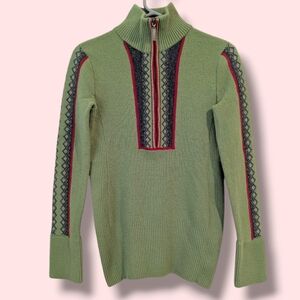 Eddie Bauer Green Geometric Printed 100% Merino Wool High Neck Half Zip Sweater